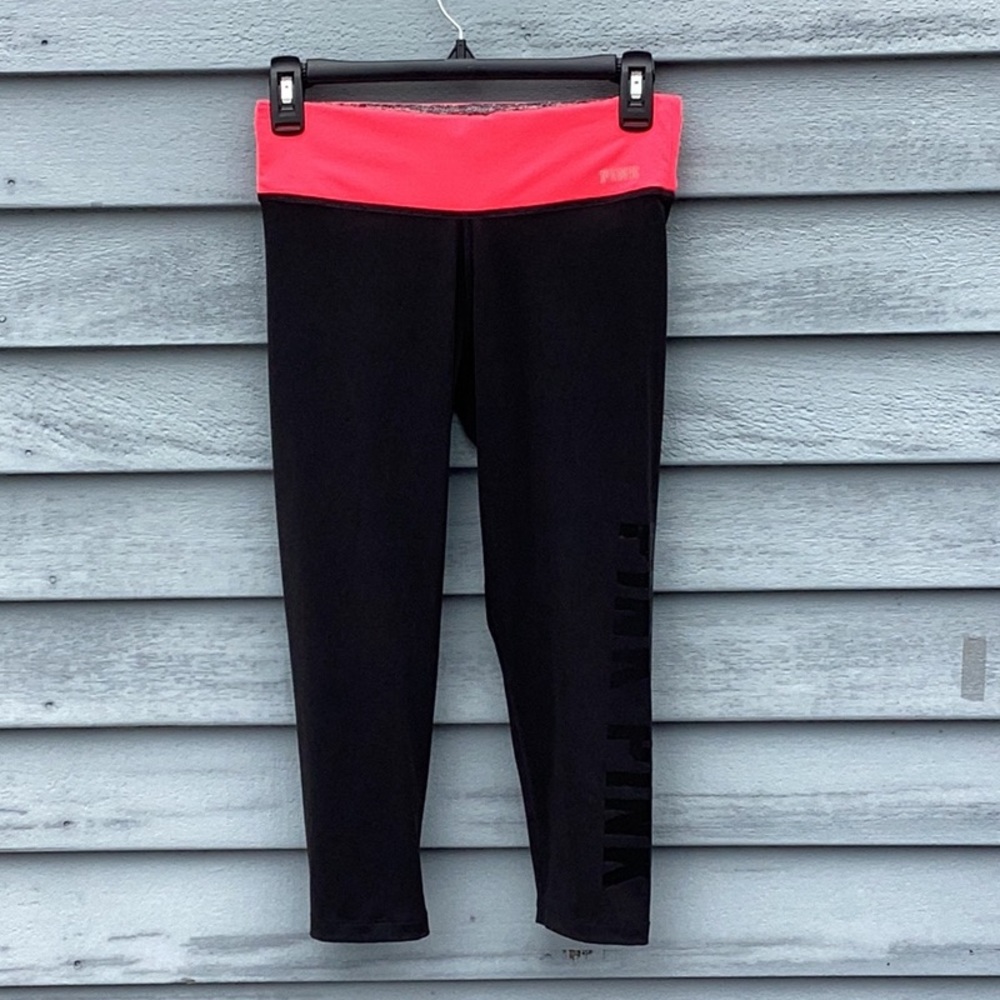 PINK Victoria’s Secret Black w/ Wide Pink Waistband Capri Leggings XS
